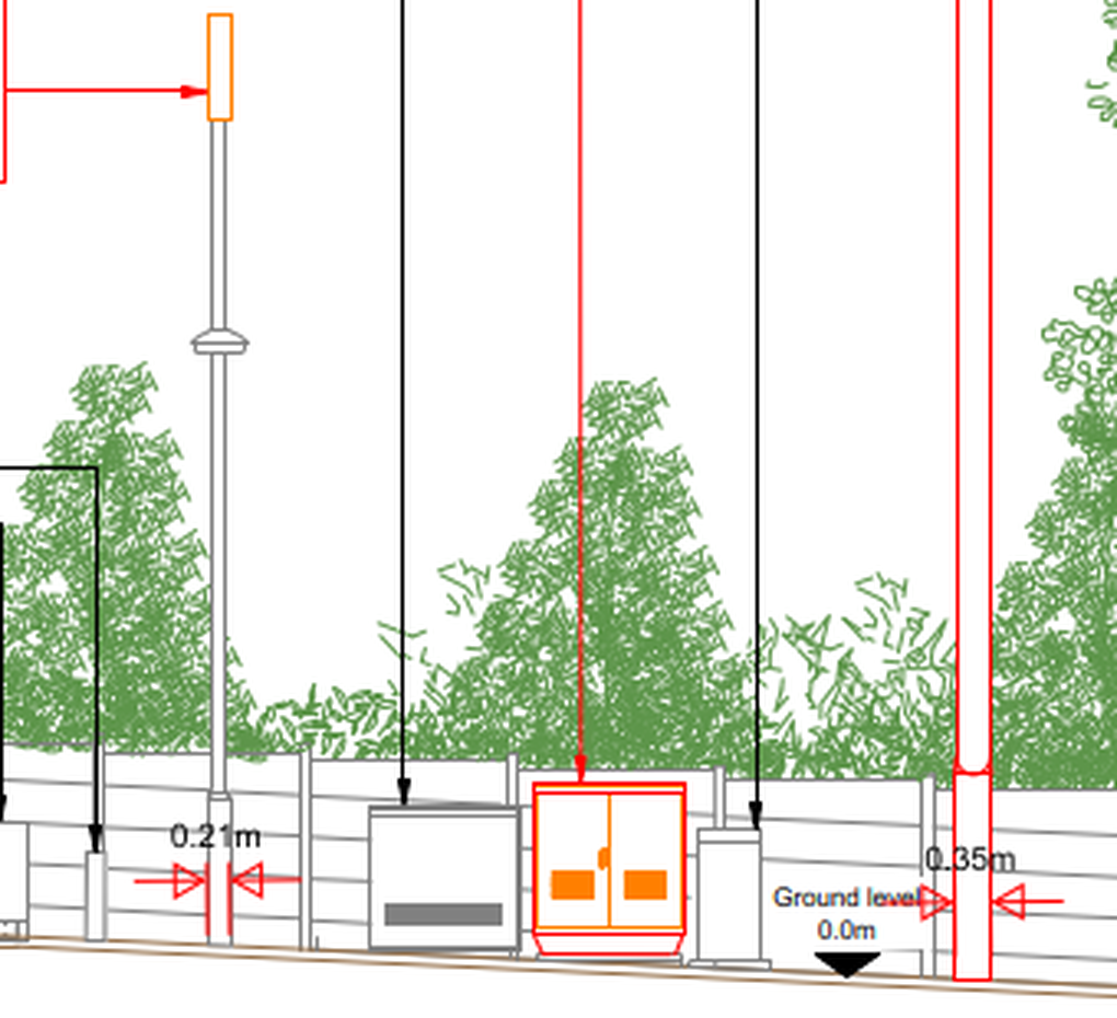 Extract from the operator’s elevation drawing showing a 0.21m dimension across the base of the existing column and a 0.35m dimension across the base of the proposed pole